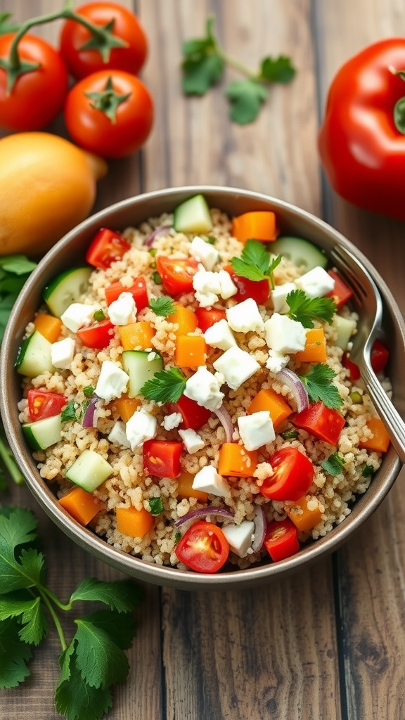 A colorful quinoa salad with cherry tomatoes, cucumber, bell pepper, and feta cheese on a wooden table.
